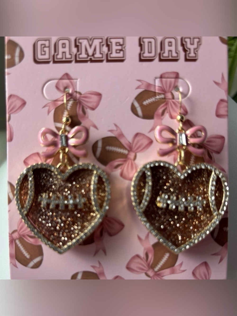 Game Day Football Hearts,textured sparkle,pink bow top,dangle,festive,fall
